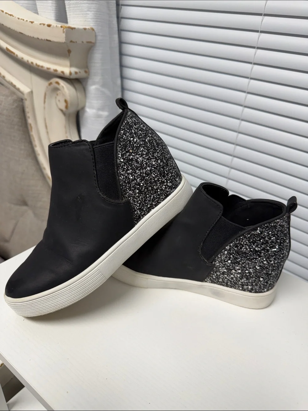 Black Glitter Wedge Slip-On Sneakers for Girls